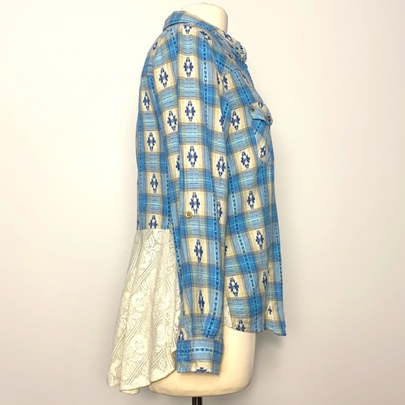 Lace Back Hi-Low Plaid Button Down Shirt - Picture 2 of 6